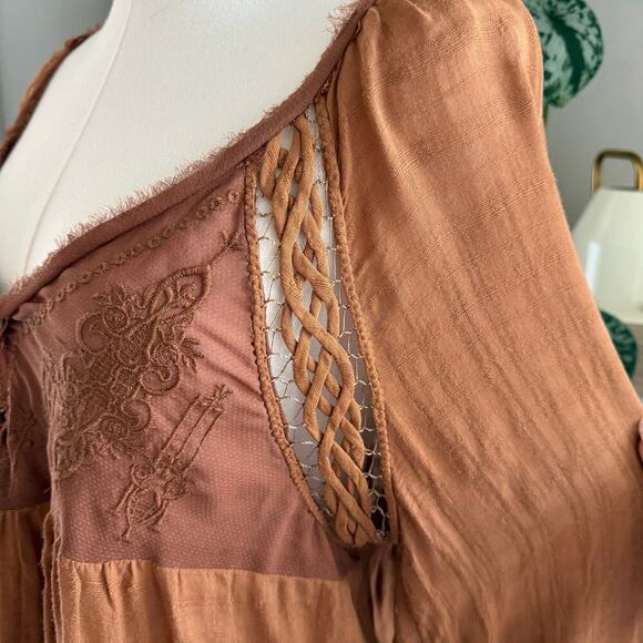 Free People Long SleeveTop Rust Brown High Low Hem Festival Boho Peasant Fall - Picture 6 of 10